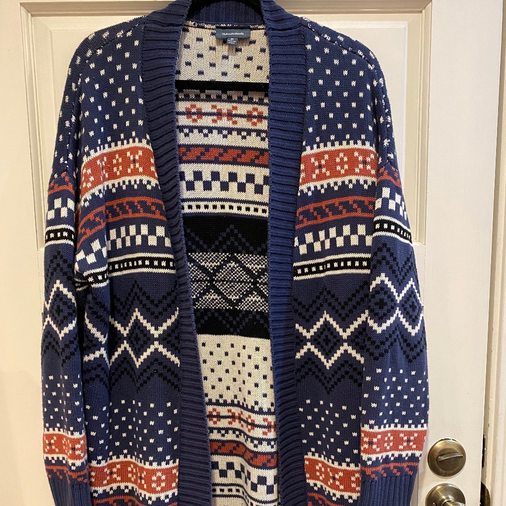 MODCLOTH Fair Isle Red White Blue Open Long Cardigan Womens Sz Medium
